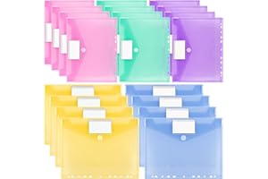 TAOPE 20 sztuk wielokolorowych perforowanych kieszeni, plastikowe portfele A4, 11 otworów, kieszeń do segregatora A4, z zapięciem na rzepy i kieszenią na etykiety, wodoodporne i archiwizowalne teczki