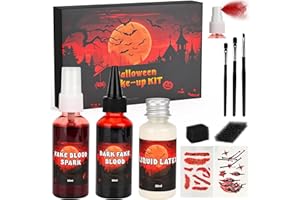 LEVVUE Kunstblut Halloween, Halloween Schminke Set, 60ml Kunstblut Spray+60ml Tropfendes Kunstblut+30ml Flüssiges Latex+2 Narbe Sticker, Abwaschbar Fake Blut Set für SFX Makeup Zombie Vampir Cosplay