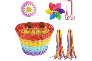 PORUPAEL Kids Bike Basket Set Handwoven Cycle Basket with Straps, Bike Windmill, Bicycle Tassels and Cycling Bell, Bicycle Basket Bike Accessories for Boys Girls Bicycle Scooter Balance Bike