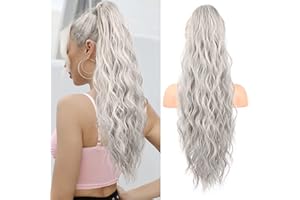 ‎FLUFYMOOZ Flufymooz Ponytail Extension Pferdeschwanzverlängerung, 66 cm Pferdeschwanz mit Kordelzug Haarverlängerungen, Lockiger Pferdeschwanz Synthetisches Haarteil für Damen (Grau/Silber/Weiß gemischt)