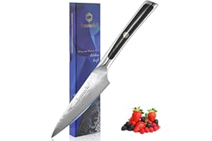 Sunnecko Couteau Office en Acier Damas 73 Couches, Couteau Cuisine d'office Professionnel 9cm à Éplucher Fruit Légume, Poignée G10