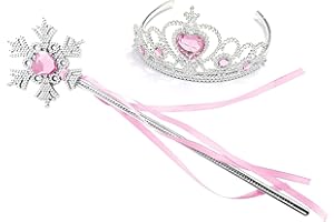 Kuzhi Princess Queen Crown Tiara and Wand Set – Silver Heart Jewel (Light Pink,Snowflake Wand)