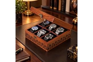 UNION ARTITION ARTS Luxury Display Case Watch Box 6 Slots Organizer Box Men'S & Women'S Holder Storage Handmade Cushions Velvet Lining Glass Lid, Solid Gift For Him (6 Slots Engraved (Rosewood))