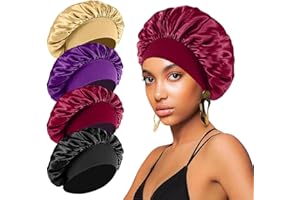 FIRSTPELLA 4PCS Silk Bonnet for Sleeping,Hair Wrap Satin Bonnets Shower Cap for Black Women Men, Elastic Wide Band Hair Bonnet Cap for Sleeping Curly Hair(Black & Wine Red & Purple & Brown)