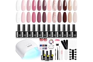 MEFA 34 Pcs Gel Nail Kit with 48W UV Lamp, 12 Colors Pink Nude Brown Gel Nail Polish Kit with Matte Glossy Gel Top Base Coat Manicure Tools Nail Art Decorations DIY Salon Home