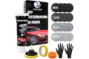 various Polering bilstrålkastare kit med 16 slipskivor P800 till P3000 och | Inkluderar adapter för borr, svamp, tejp, handskar, förberedd för ogenomskinliga och gulaktiga plaststrålkastare