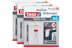 tesa Verstellbarer Klebenagel für Tapeten und Putz 2 kg im 3er Pack - Höhenverstellbarer, selbstklebender Wandnagel - Bis zu 2 kg Halteleistung pro Nagel - 3 x 2 Klebenägel