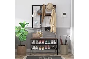 Dripex Appendiabiti con Panca Scarpiera, Appendiabiti da Terra, Attaccapanni con parete in rete metallica e 10 ganci a S, Altezza di 185 cm, Scaffale per Corridoio, Ufficio, Camera da Letto