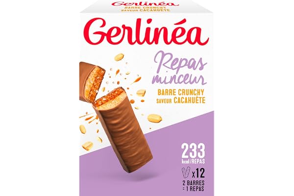 GERLINÉA – Barre Repas Crunchy Chocolat au Lait Cacahuète – Substitut de Repas Minceur Protéiné – Moins de 240 Kcal – Fabriqué en France – 12 Barres = 6 Repas, 372 g