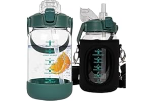 Seekua Szklana butelka na napoje, ze słomką i znacznikami czasu, szczelna, duża butelka na wodę, nadaje się do smoothie, nadaje się do mycia w zmywarce, 1 l