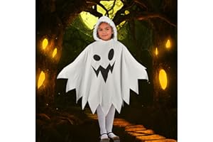 Auirshiky Costume Fantasma Ragazze, Halloween Bianco Costume Mantello con Cappuccio Costume da Poncho Fantasma Bambina per Halloween Carnevale Cosplay, 3 a 9 anni