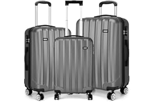Kono Durable Hard Shell Suitcases with 4 Spinner Wheels Light Weight ABS+PC Travel Trolley Case 19” 24” 28” (3Pcs Set, Grey)