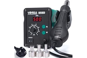YIHUA 858D Hot Air Rework Station 700W for SMD Soldering and desoldering with Adjustable Temperature, Adjustable Air Volume, PID Temperature Control, Auto Start/Stop Function, 3 Hot Air Nozzles