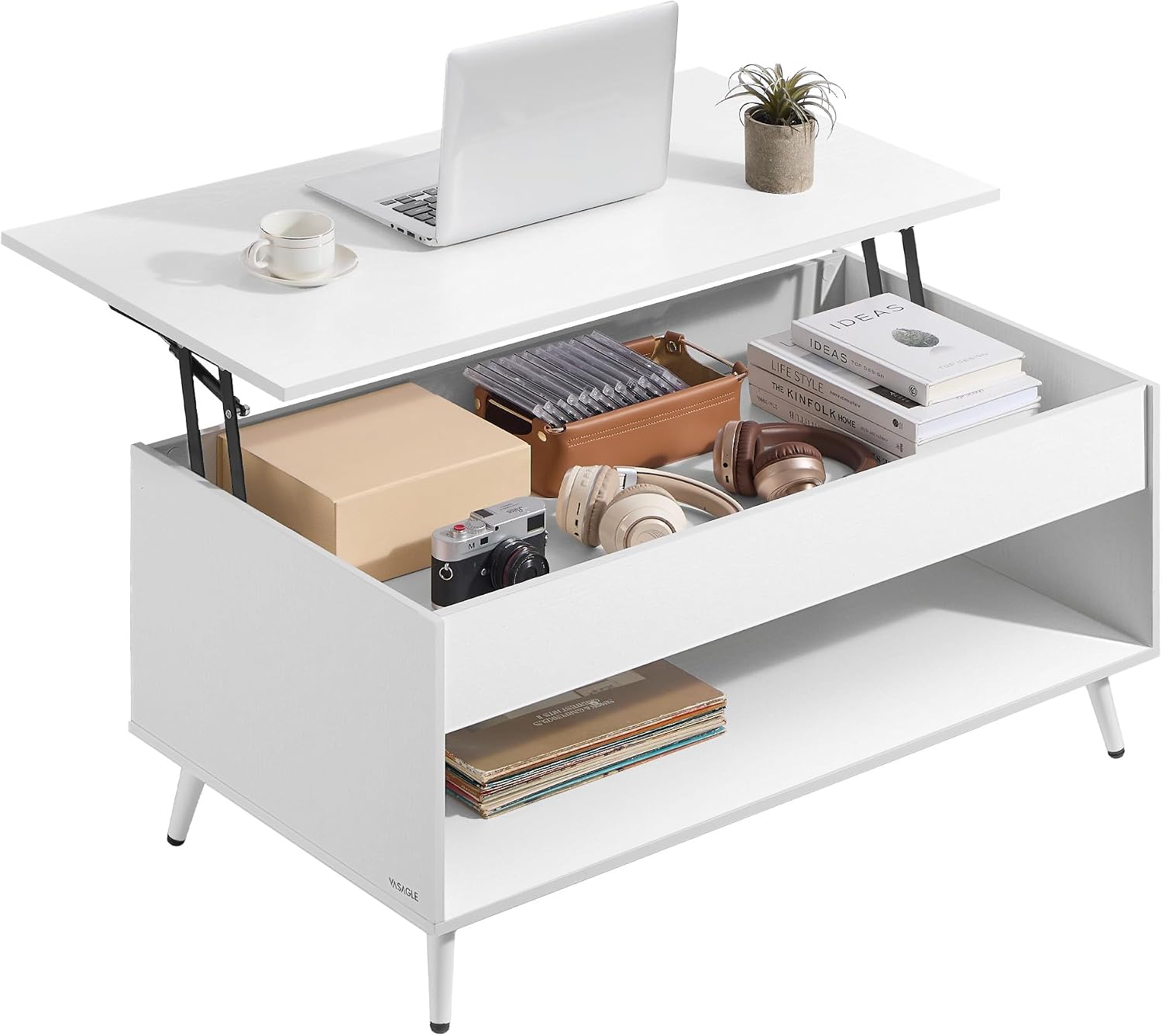 VASAGLE Mesa de Centro, Mesa de Café con Tablero Elevable, Resorte de Gas, Compartimento Oculto, Estante Abierto, para Sala de Estar, Comedor, Oficina, Blanco Nieve y Blanco Mate LCT267WE01