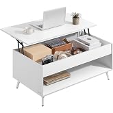 VASAGLE Coffee Table with Lift Top, Hidden Compartment | Coffee Table, Gas Spring, Open Shelf, Snow White and Matte White, MI