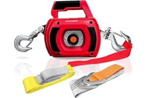 FITHOIST Portable Drill Winch 1000LBS, Drill Powered Winch with Lift Sling Strap and D Rings Tie Down Strap, Hand Warn Winch with Alloy Steel Wire Rope 40FT for Dragging, Handling, Trailer (Red)
