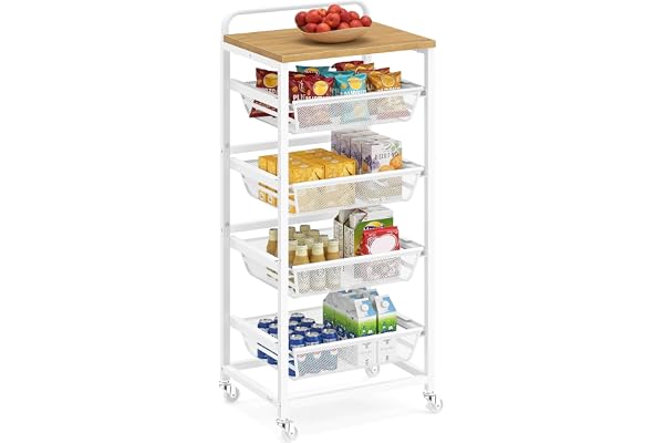 VASAGLE Rullvagn, Köksvagn med 5 Nivåer och 4 Utdragbara Korgar | Serveringsvagn på Hjul, 40 x 31,7 x 95 cm, för Kök, Gyllene Ek, DACEY Kollektion LRC041YA01