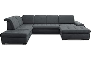 ‎CAVADORE CAVADORE U-Form Lexi mit XXL-Longchair / Inkl. Bett, Stauraum und Kopfteilfunktion / Leichte Fleckenentfernung dank Soft Clean / 329 x 82-99 x 224 / Flachgewebe: Dunkelgrau
