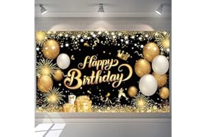 YONTREE Happy Birthday Banner Gold Happy Birthday Backdrop 1.1 x 1.8m birthday Photo Backdrop Backgroud for BIRTHDAY Anniversary Party(Black Gold)