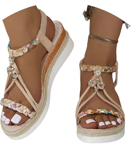 Sandales Compensées Femme Beige Avec Lanières Tressées Et Semelle Effe