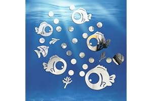 SWIRLCOLOR Acrilico Specchio Adesivi Da Parete 30pcs, Carino Pesce e Bolle Specchio Adesivo Autoadesivo Specchi Wall Art Adesivi per Soggiorno Bambini Camera da letto Decorazione Ufficio (Argento)