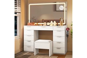 YITAHOME Große Schminktisch mit verstellbaren LED-Beleuchtung und Steckdosen,Schminktisch mit Spiegel,Frisiertisch mit 11 Schubladen mit Hocker,Weiß