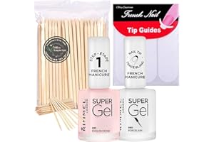 OLLIEY EMPORIUM French Manicure Kit - Bundle With 1 x Rimmel Nail Polish 91 English Rose 12ml 1 x Gel Polish 90 Porcelane 12ml 30 x Cuticle Sticks 7.5cm and 48 x Ollieys Emporium French Tip Stickers