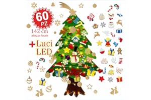 MERIDIANA STORE Meridiana - Albero Natale Feltro 142 Cm + 60 Pezzi staccabili e Luci LED, Albero Di Natale Montessori, Educativo, Alberi di Natale Bambini, ideale Regali Di Natale
