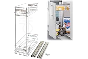 Dihl Pull Out Wire Basket Kitchen Larder, For 200mm Wide Carcass Base Unit, Double Layered Cabinet Cupboard Drawer Storage, Silver, Stainless Steel