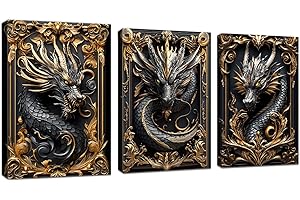 WENGTIAO 3Pcs Encadré Impressions sur Toile Dragon sculpté en or noir Tableau Murale Decoration Salon Photo sur Toile Image sur Toile Peinture 3D Animal Gragon Tableaux Chambre Maison 40x60 cmx3(120x60 cm)