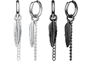 Yumilok Boucles d'oreilles Créoles en Acier Inoxydable pour Hommes: Pendantes d'oreilles de Plume et Chaîne - Fashion Anneau d'oreille Femmes - Bijoux Fantaisie Décoration Adolescent