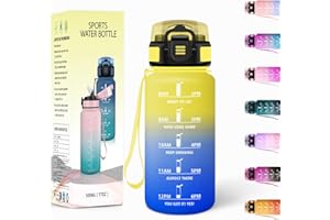 MOTSWEDI Borraccia, 500ML Con Paglia, Borraccia Bambini, Senza BPA, Borracce con Cannuccia, Bottiglia d'acqua Motivazionale con Indicatore del Tempo, Bottiglia Acqua per Scuola, Sport - Giallo&Blu reale