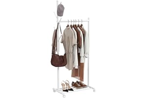 HOMCOM Appendiabiti da Terra con Ruote, Stender per Abiti con 5 Ganci e Ripiano Inferiore Porta Scarpe, per Camera, Ingresso e Corridoio, Bianco