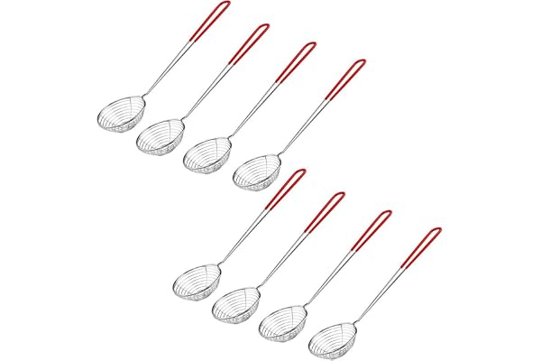 8 Pièces Acier Inoxydable Spider Passoire Pot Écumoire avec Silicone Poignée, Cuillère à Mailles Fines avec Poignée Longue en Acier pour Thé au Lait Perlé (Rouge)