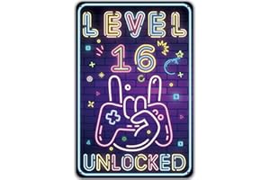 Sinekong Plaque Métal Néon Level 16 Unlocked, Cadeau 16 Ans Anniversaire Garçon, Idée de Cadeau pour Les Gamers pour la Maison Mur Art Chambre Vintage Rétro Affiche Plaque 20 x 30 cm
