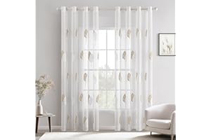 MIULEE Rideaux Voilage avec Beau Motif de Feuilles Couleur Lin et Blanc, Intérieurs Rideau Voile Brodé a Oeillets Largeur 140 CM Hauteur 245, Transparent Voilage Fenetre Design Moderne Chambre Salon