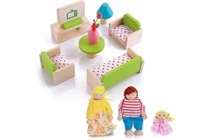 cobee Mini zestaw mebli do domku dla lalek, miniaturowe drewniane meble do domu dla lalek z 3 rodzinnymi figurkami lalek, akcesoria do domku dla lalek, dekoracja domku dla lalek, do zabawy w udawanie,