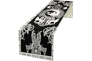 kikomia Baumwolle Leinen Tischläufer Rechteckige Wikinger Wolf Odin Raben Baum Couchtisch Esszimmertisch Schlafzimmer Party Urlaub (33×91cm, Black)