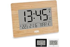 ADE Orologio digitale da tavolo o parete con sveglia | Grandi numeri | Calendario | Termometro | radiocontrollata segnale orario DCF | Fasi lunari | Cornice di vero bambù | Batteria inclusa