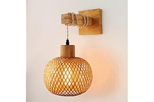 LIYABBER Vintage Lampa Ścienna Wewnątrz, E27 Retro Drewniana Lampa Ścienna z Rattanowym Kloszem, Lampy Ścienne Klatki są Stosowane w Salonach, Sypialniach, Korytarzach I Restauracjach, Max 60W (Bez Żarówki)
