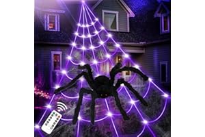 NEUFOOD Halloween Decoracion, 135 LED Tela de araña de Halloween Decoracion al Aire Libre, 40g retráctil decoración de Tela de araña con 90 cm Falsa araña Grande, 8 Patrones, Halloween Decoracion de Miedo