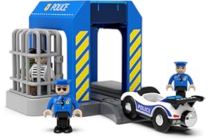 LIBOON Wooden Train Tracks Accessories, Train Set Piece of Police Station Compatible with All Railroad Track collection, Train Toys Expansion Pack for Kids Ages 3 and Up.