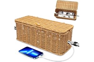 FOUVIN Rattan Cable Management Box, Handmade Cable Box, Hide Cable Tangle Desk Socket Box for Office, Home, Under Desk Cable Organiser Box for TV Wires Power Strip