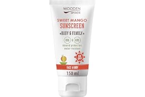 Wooden Spoon Ekologisk Solkräm Baby & Family “Sweet Mango” SPF 50 – 100% Naturlig, Osynlig Zink, Inga Vita Ränder, Hypoallergen, Vegansk, Vattentålig – 150 ml
