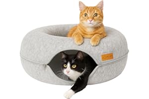 PISI BILI Katzentunnel rund aus Filz – Donut Katzenbett & Katzenhöhle zum Spielen – 60x60x28 cm, flauschig mit waschbarem Kissen, Tunnel & Kuschelbett für Katzen – Grau