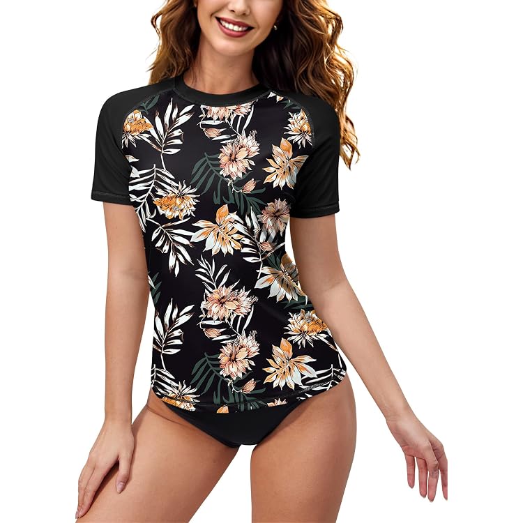 Maillot De Bain Anti-UV Femme Halcurt - Rashguard à Manches Courtes UPF 50+, Séchage Rapide