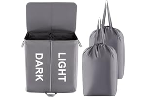 Lifewit 125L Podwójny Kosz Na Pranie Z Pokrywą I Wyjmowanymi Torbami na Pranie, Duży Dzielony Kosz, Składany Kosz Na Pranie 2 Sekcje Z Uchwytami Do Sypialni, Łazienki, Akademika, Pralni, Szary