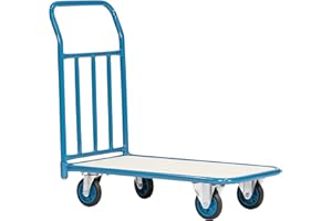 THE WORKPLACE DEPOT Flat Bed Trolley - Fixed Warehouse and Office Platform Cart, Blue Steel with Wooden Deck