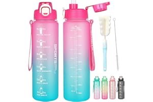 AOHAN Gourde Paille 1l, Bouteille d'eau Sans BPA, Motivation Gourde Sport avec Marquages de Temps, Bouteille Résistant aux Fuites Pour La Gym, L'École, Le Cyclisme