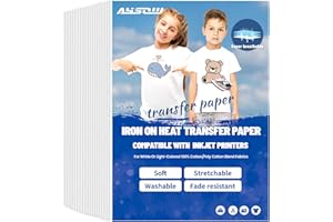 AYSOW Carta di Trasferimento a Ferro da Stiro per Magliette Leggere, 20 Fogli, 8,3 x 11,7 Pollici, Compatibile con Le Stampanti a Getto D'inchiostro, Vinile Estensibile per Il Trasferimento di Calore
